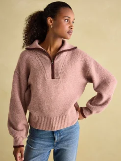 Clearance Joules Elmore Knitted Quarter Zip Jumper Pink