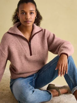 Clearance Joules Elmore Knitted Quarter Zip Jumper Pink