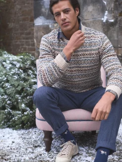 New Joules Fair Isle Crew Neck Jumper Contains Merino Wool Cream