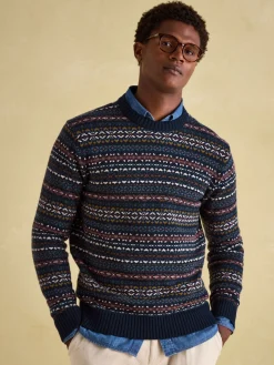 Best Joules Fair Isle Crew Neck Jumper Contains Merino Wool Navy