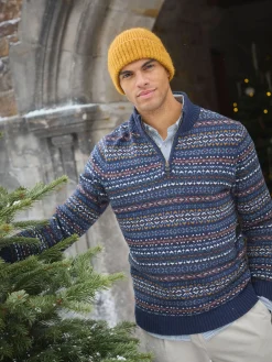 New Joules Fair Isle Quarter Zip Knit Jumper Contains Merino Wool Navy