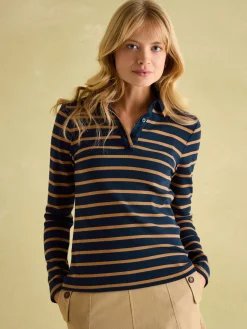 Best Joules Fairfield Navy & Tan Long Sleeve Ribbed Polo Shirt Navy&Tan