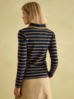 Best Joules Fairfield Navy & Tan Long Sleeve Ribbed Polo Shirt Navy&Tan