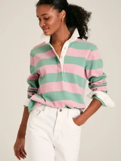 Online Joules Falmouth Pink & Green Striped Cotton Rugby Shirt Pink&GreenStriped
