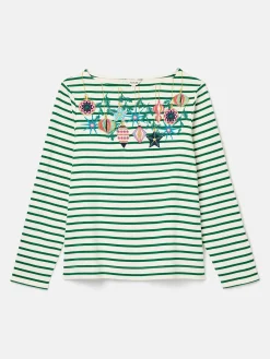 New Joules Festive Harbour Boat Neck Breton Top Green/White