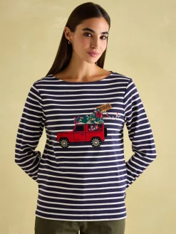 Online Joules Festive Harbour Boat Neck Breton Top Navy/White