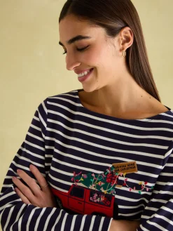 Online Joules Festive Harbour Boat Neck Breton Top Navy/White