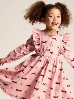 Joules Florence Pink Horse Print Long Sleeve Frilled Dress PinkHorsePrint