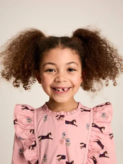 Joules Florence Pink Horse Print Long Sleeve Frilled Dress PinkHorsePrint
