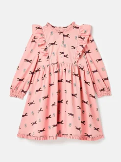 Joules Florence Pink Horse Print Long Sleeve Frilled Dress PinkHorsePrint