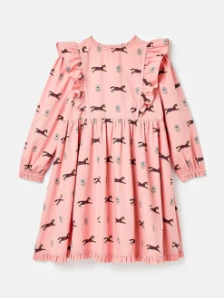 Joules Florence Pink Horse Print Long Sleeve Frilled Dress PinkHorsePrint