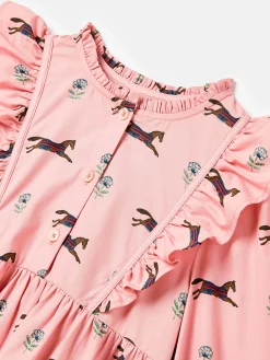 Joules Florence Pink Horse Print Long Sleeve Frilled Dress PinkHorsePrint