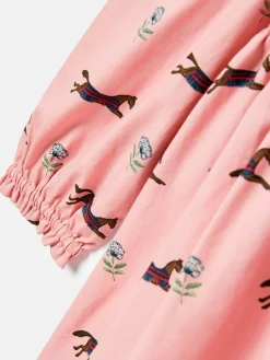Joules Florence Pink Horse Print Long Sleeve Frilled Dress PinkHorsePrint