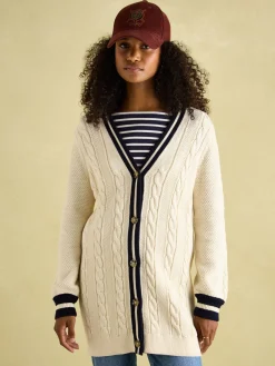 Online Joules Game Point Button Through Longline Cable Knit Cardigan Cream/Navy