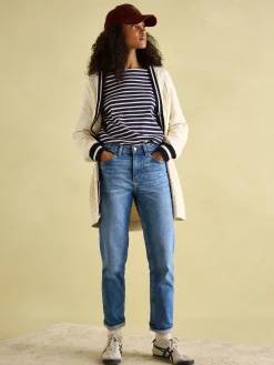 Online Joules Game Point Button Through Longline Cable Knit Cardigan Cream/Navy