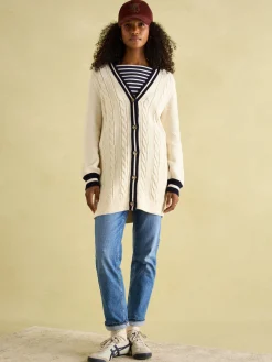 Online Joules Game Point Button Through Longline Cable Knit Cardigan Cream/Navy