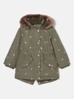 Clearance Joules Girls' Alix Khaki Green Printed Waterproof Parka Coat KhakiGreen