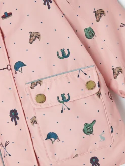 Outlet Joules Girls' Fairview Pink Horse Print Waterproof Coat with Quilted Lining PinkHorsePrint