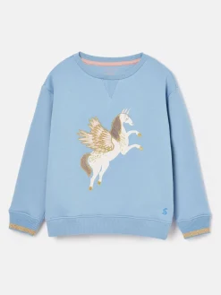 Clearance Joules Girls' Mackenzie Blue Pegasus Embroidered Artwork Crew Neck Sweatshirt BluePegasus