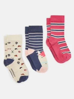 Best Joules Girls' Neat Feet 3 Pack Socks Navy/Pink