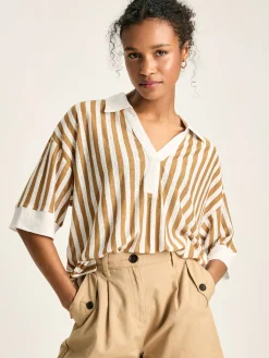 Hot Joules Hadley Tan White Linen Polo Shirt TanWhite