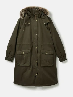Best Joules Harpsden Cosy Khaki Green Waterproof Fleece Lined Raincoat with Faux Fur Hood KhakiGreen