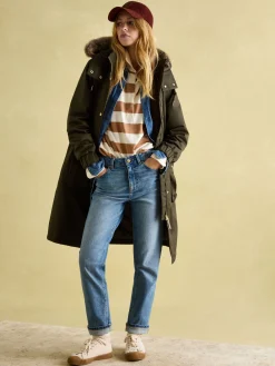 Best Joules Harpsden Cosy Khaki Green Waterproof Fleece Lined Raincoat with Faux Fur Hood KhakiGreen