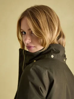 Best Joules Harpsden Cosy Khaki Green Waterproof Fleece Lined Raincoat with Faux Fur Hood KhakiGreen