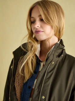 Best Joules Harpsden Cosy Khaki Green Waterproof Fleece Lined Raincoat with Faux Fur Hood KhakiGreen