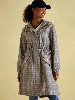 Joules Holkham Brown Check Waterproof Packable Raincoat With Hood BrownCheck