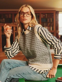 Online Joules Ingrid Patterned Knitted Vest Cream/Navy