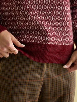 Outlet Joules Ingrid Patterned Jumper with Detachable Roll Neck Cream/Red