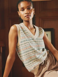 Best Joules Islay V Neck Fair Isle Knitted Vest Oatmeal