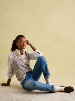 Best Joules Islay V Neck Fair Isle Knitted Vest Oatmeal