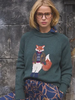 Discount Joules Jonty Dark Green Intarsia Fox Knit Jumper DarkGreen