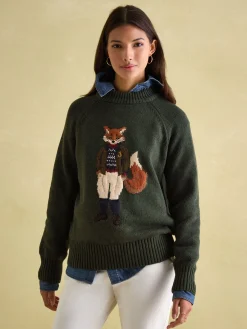 Discount Joules Jonty Dark Green Intarsia Fox Knit Jumper DarkGreen