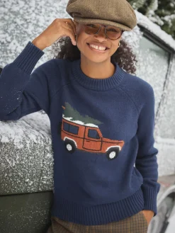 Best Joules Jonty Navy Blue Intarsia Fox Knit Jumper NavyBlue
