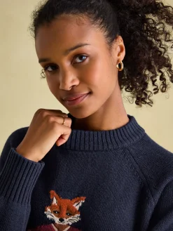 Best Joules Jonty Navy Blue Intarsia Fox Knit Jumper NavyBlue