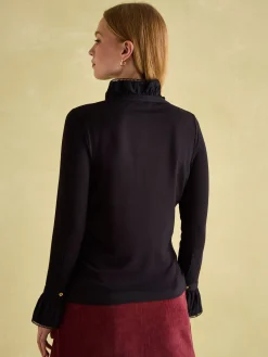 Joules Kate Long Sleeve Frilled Neck Top Black