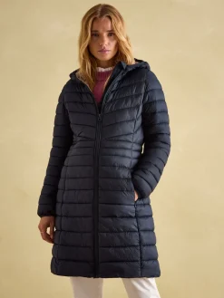 Clearance Joules Kenley Showerproof Long Padded Coat with Hood Navy