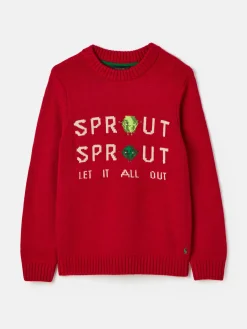 Clearance Joules Kids' Cracking Intarsia Knitted Festive Jumper Red