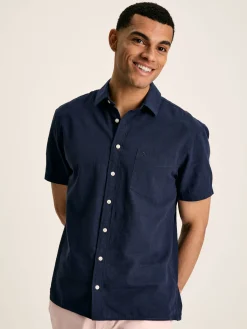 Sale Joules Linen Blend Navy Blue Plain Short Sleeve Shirt NavyBlue