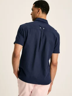 Sale Joules Linen Blend Navy Blue Plain Short Sleeve Shirt NavyBlue