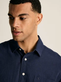 Sale Joules Linen Blend Navy Blue Plain Short Sleeve Shirt NavyBlue
