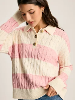 Discount Joules Love All Cable Knit Jumper with Button Collar Pink