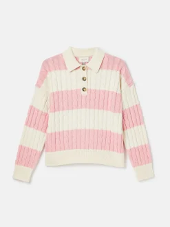 Discount Joules Love All Cable Knit Jumper with Button Collar Pink
