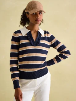 Joules Maddie V Neck Stripe Jumper with Collar Navy/Oatmeal