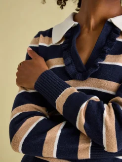 Joules Maddie V Neck Stripe Jumper with Collar Navy/Oatmeal