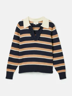 Joules Maddie V Neck Stripe Jumper with Collar Navy/Oatmeal