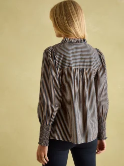 Clearance Joules Mariella Navy Stripe Cotton Frill Neck Blouse NavyStripe